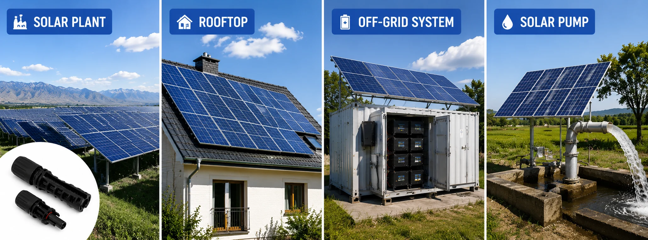 Solar plant, rooftop, off-grid and solar pump application scenarios