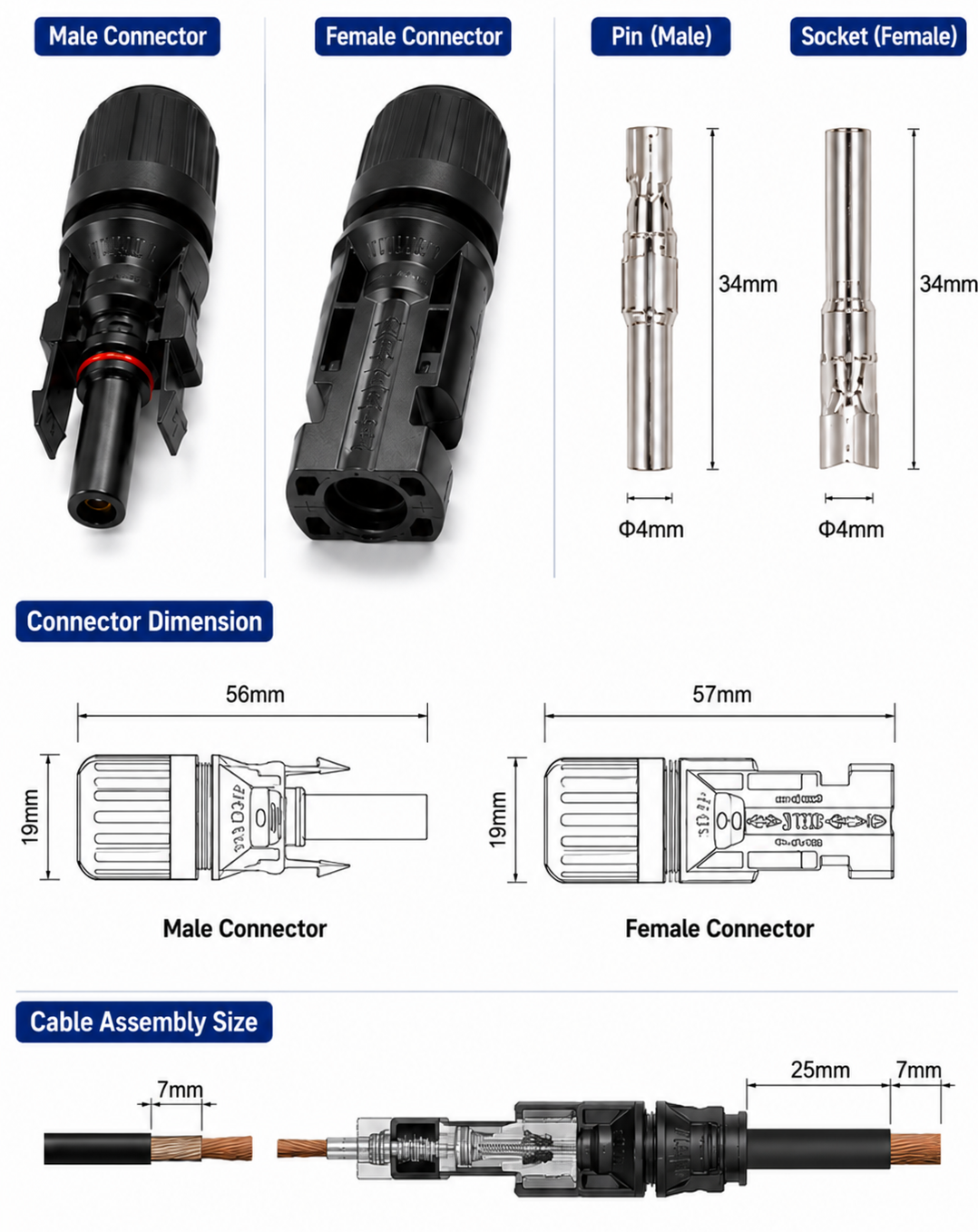 PV-FT-04 MC4 solar connector dimension cable assembly size male female connector