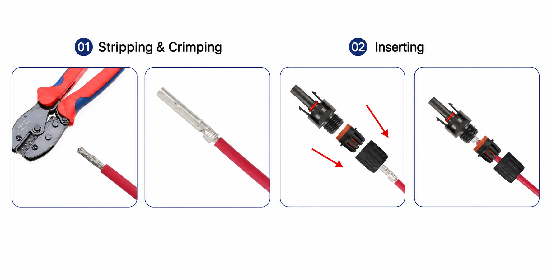 PV-FT-04 MC4 connector installation steps for stripping crimping and inserting the contact