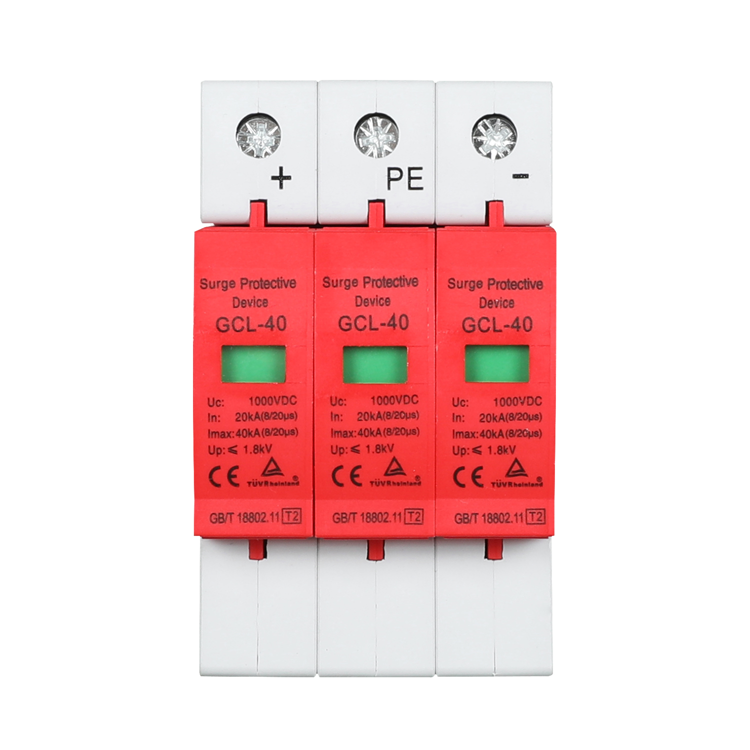 Three-pole DC surge protective device with positive PE and negative terminals